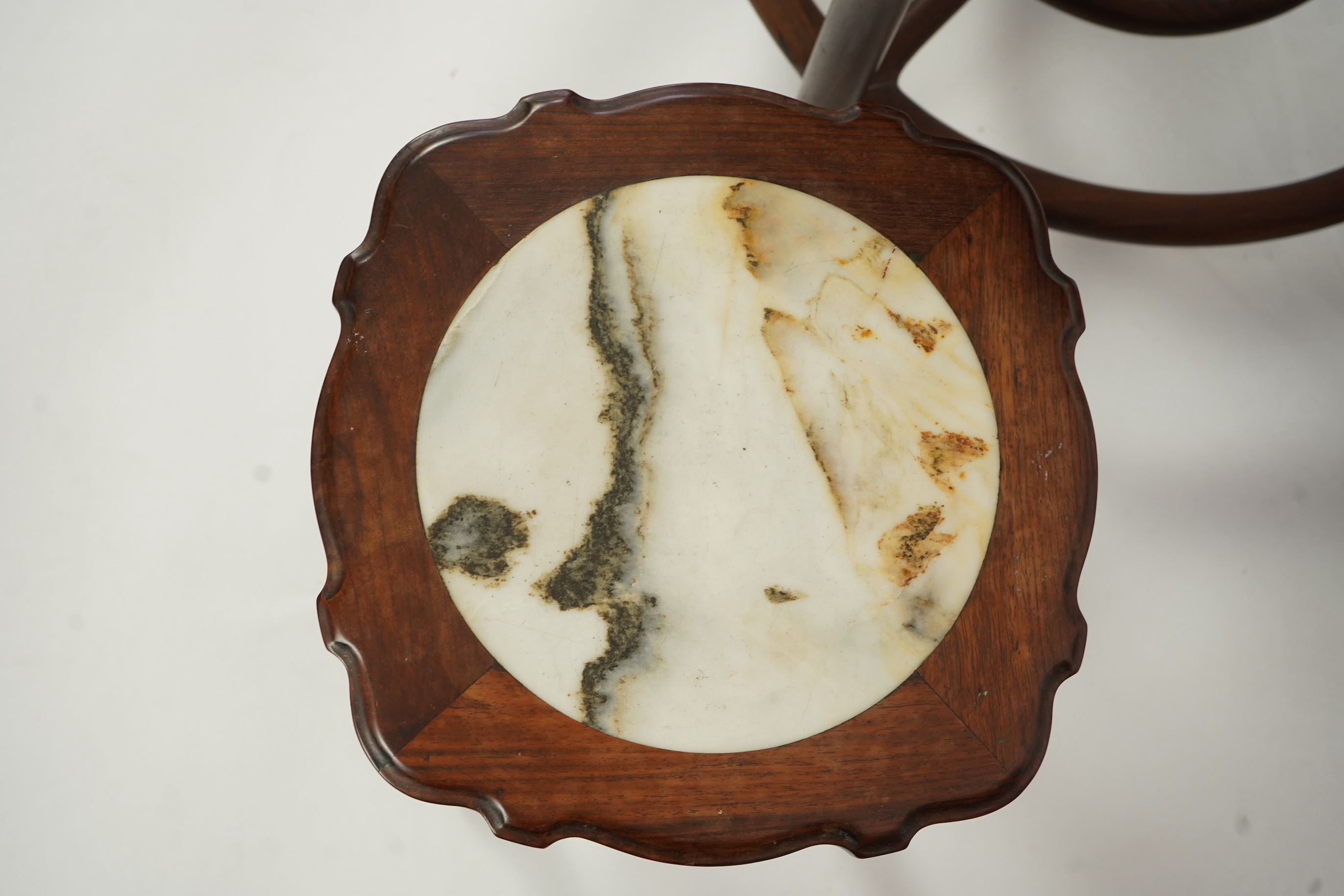 A Chinese dreamstone marble inset hongmu table and four matching stools